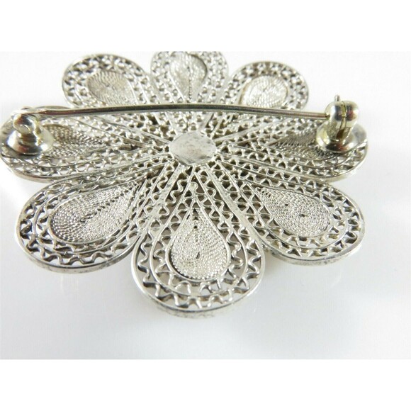 Unusual Lovely 800 Silver Filigree Flower Brooch with Butterfly in the Center - Picture 7 of 11